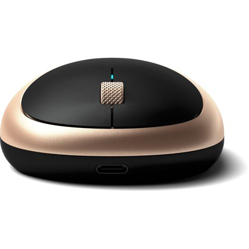 Un mouse nero con bordo dorato e porta USB-C.