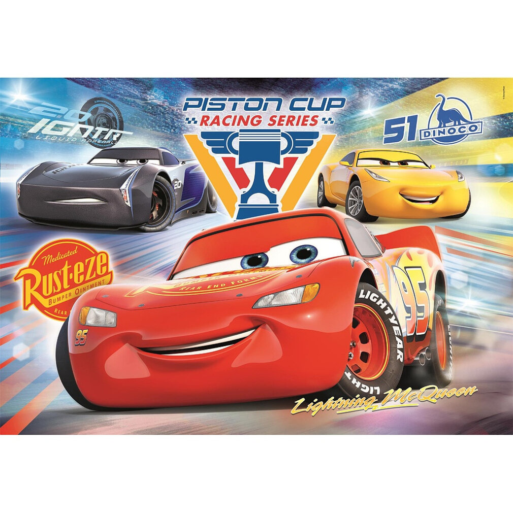 Lightning McQueen, un coche gris y un coche amarillo compiten con el logo de Piston Cup.