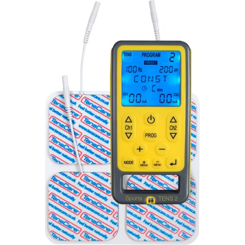 Ein gelbes TENS-Gerät mit vier Elektrodenpads und einem digitalen Bildschirm.
