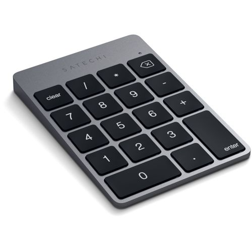 Teclado numérico gris con teclas negras, logo SATECHI arriba.