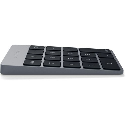 Teclado numérico gris con teclas negras. Números 0-9, más, menos, enter.
