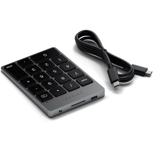 Teclado numérico gris con teclas negras y cable USB-C.