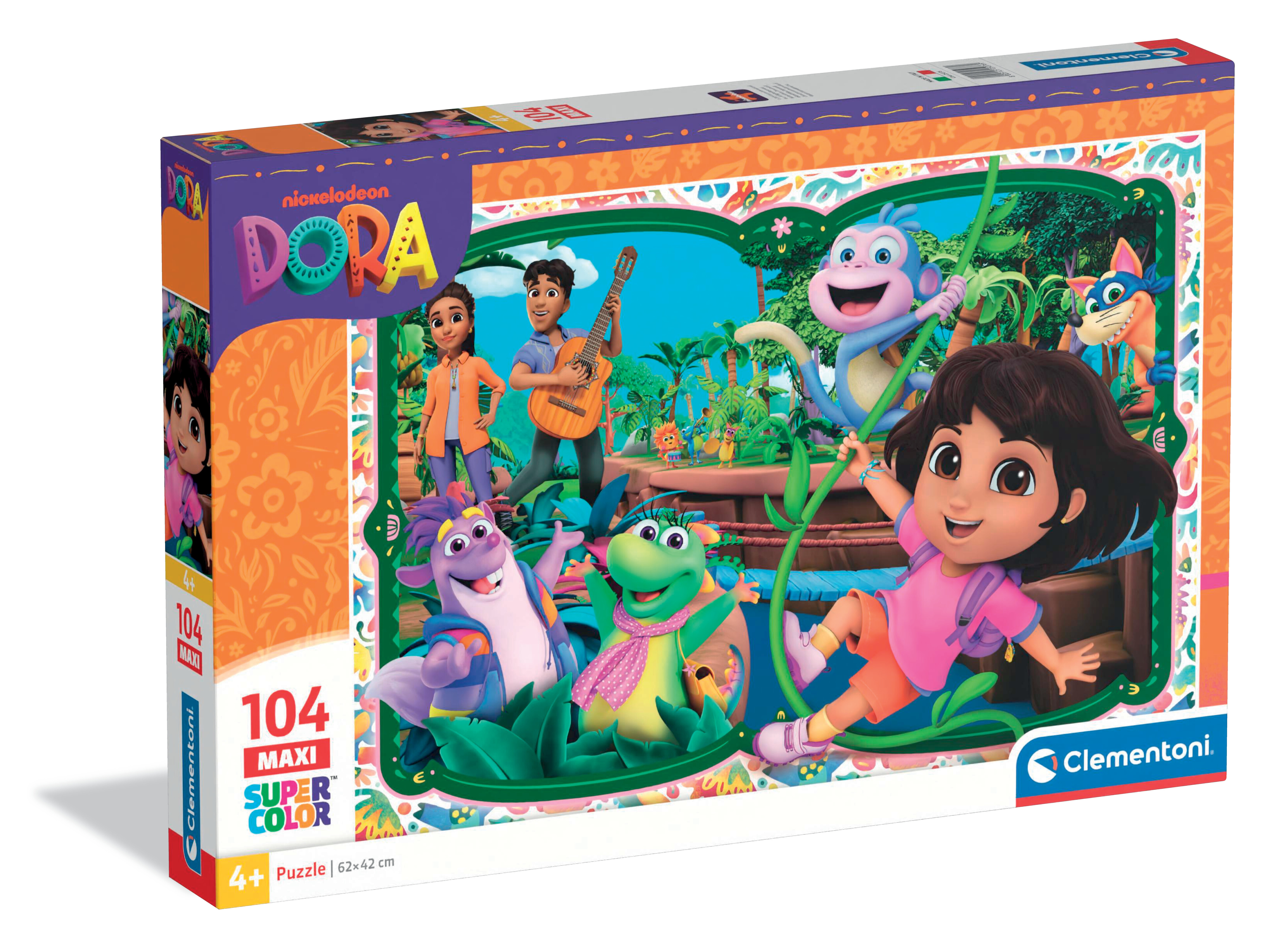 Dora i przyjaciele na pudełku puzzli z motywem dżungli.