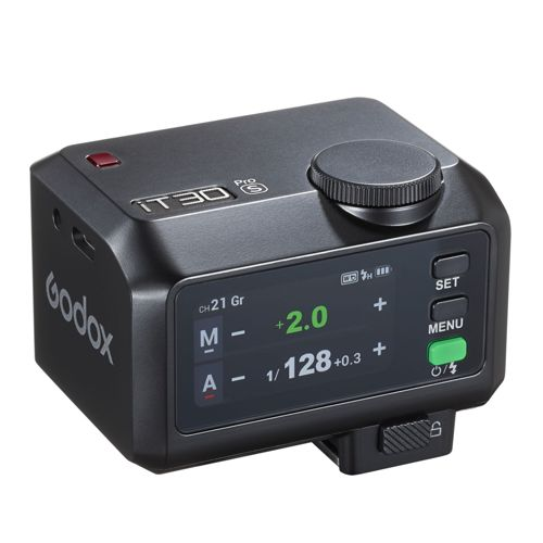 Schwarzes Godox IT30 Pro Blitzsteuergerät mit Einstellrad und LCD-Bildschirm.