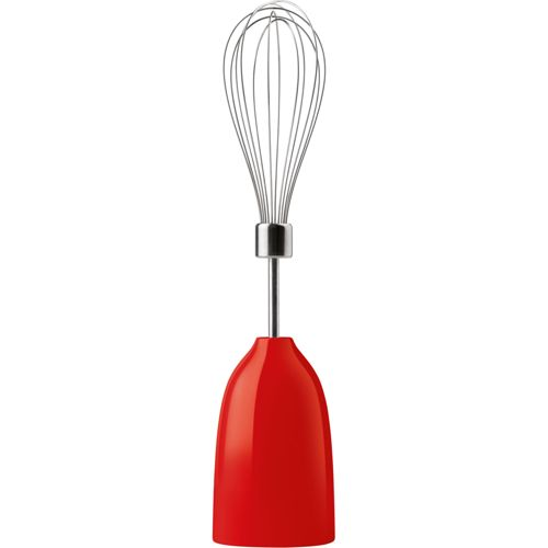 Un accessorio rosso per frullatore a mano con frusta in metallo.