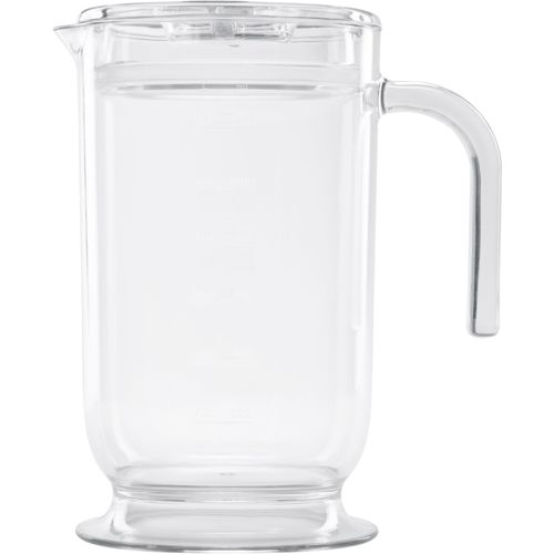 Una caraffa di vetro trasparente con manico e coperchio, segni di misurazione.