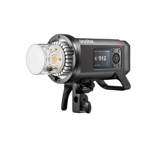 Ein Godox A512 LED-Licht mit Bildschirm und Montagehalterung.