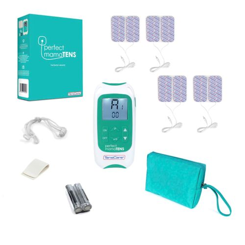 Ein TENS-Gerät mit Elektroden, einer türkisfarbenen Box, Tasche und Zubehör auf weißem Hintergrund.