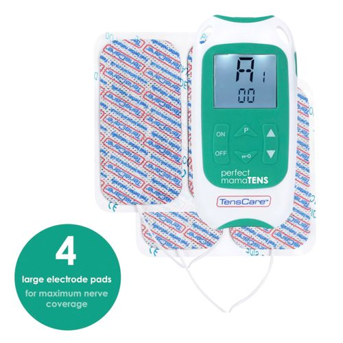Ein TENS-Gerät mit vier Elektrodenpads, auf weißem Hintergrund.