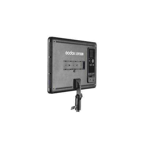 Rückseite einer schwarzen Godox LED-Leuchte mit Halterung und Bedienelementen.