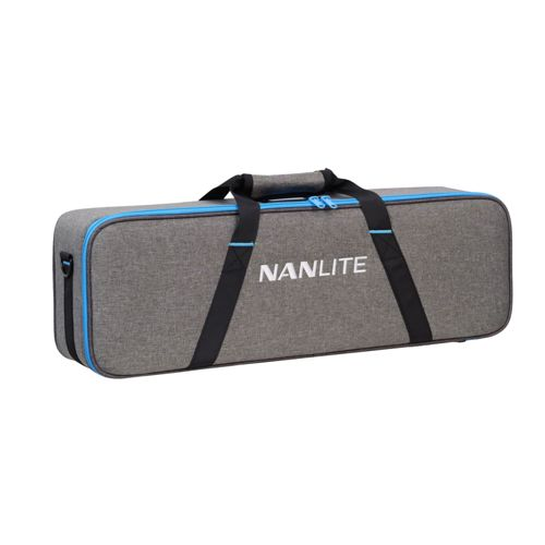 Graue Nanlite Tasche mit blauen Akzenten und Tragegriffen.