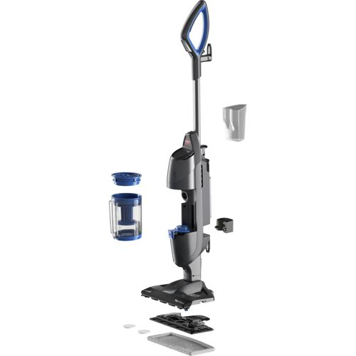 An exploded view of a wet dry vacuum with a blue handle and gray and black accents.
