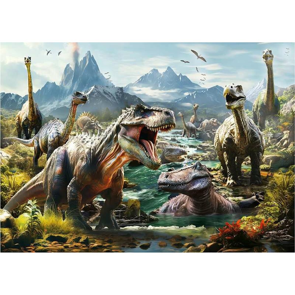 Una scena preistorica con vari dinosauri vicino a un fiume con montagne e uccelli nel cielo.