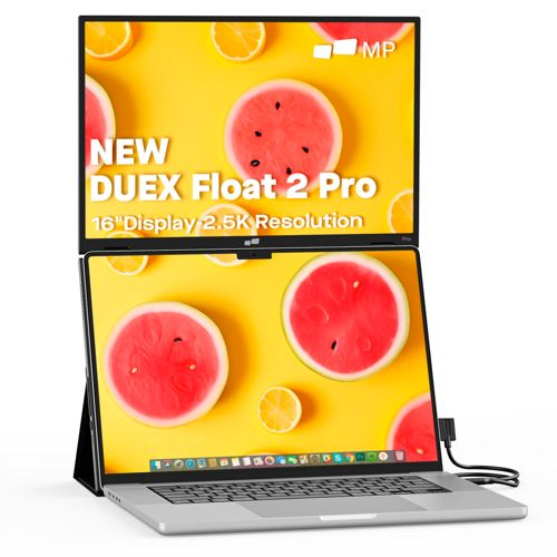 Un laptop con un secondo schermo in cima, entrambi mostrano disegni di frutta.