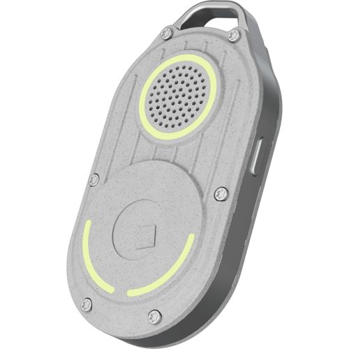 A gray oval device with a speaker grille and yellow accents.