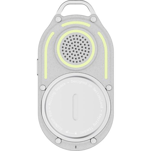 A grey key tracker with yellow accents and a speaker grille.