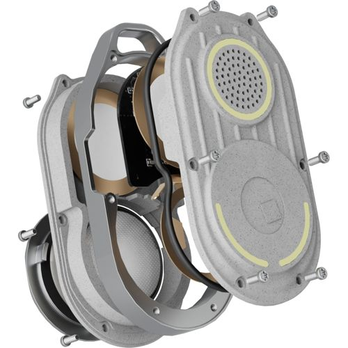 Cutaway view of a grey speaker showing internal components like drivers and wiring.