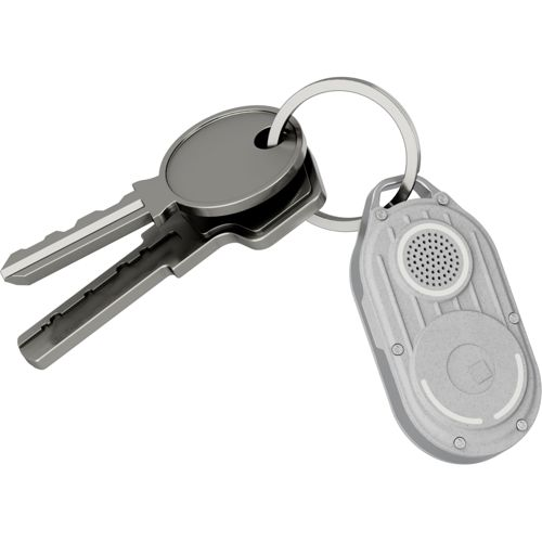 Two silver keys and a silver key fob with a speaker on a white background.