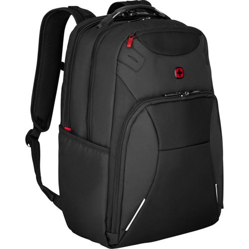 Ein schwarzer Rucksack mit roten Akzenten und einem Schweizer Kreuz-Logo.