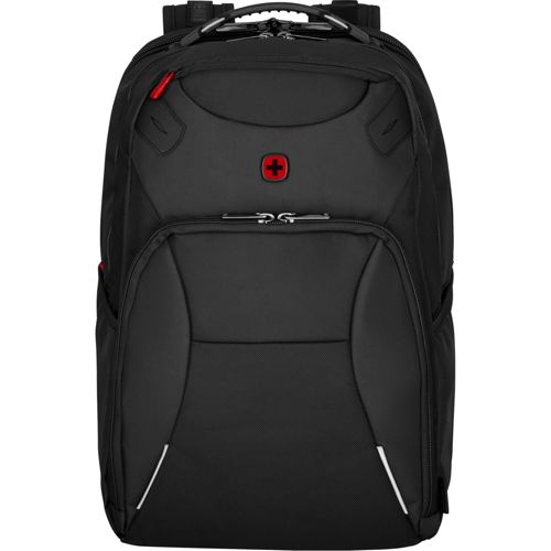 Schwarzer Rucksack mit rotem Schweizer Kreuz-Logo und reflektierenden Details.