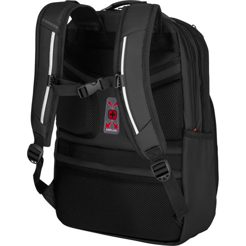 Rückseite eines schwarzen Rucksacks mit gepolsterten Gurten und Belüftung.
