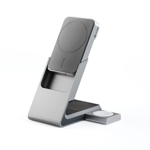 Supporto di ricarica grigio con caricatore per telefono e orologio.