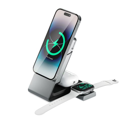 Graues Ladegerät mit iPhone, AirPods und Apple Watch.