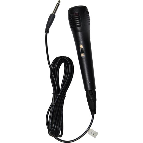 Schwarzes Mikrofon mit Kabel und Klinkenstecker, auf weißem Hintergrund.