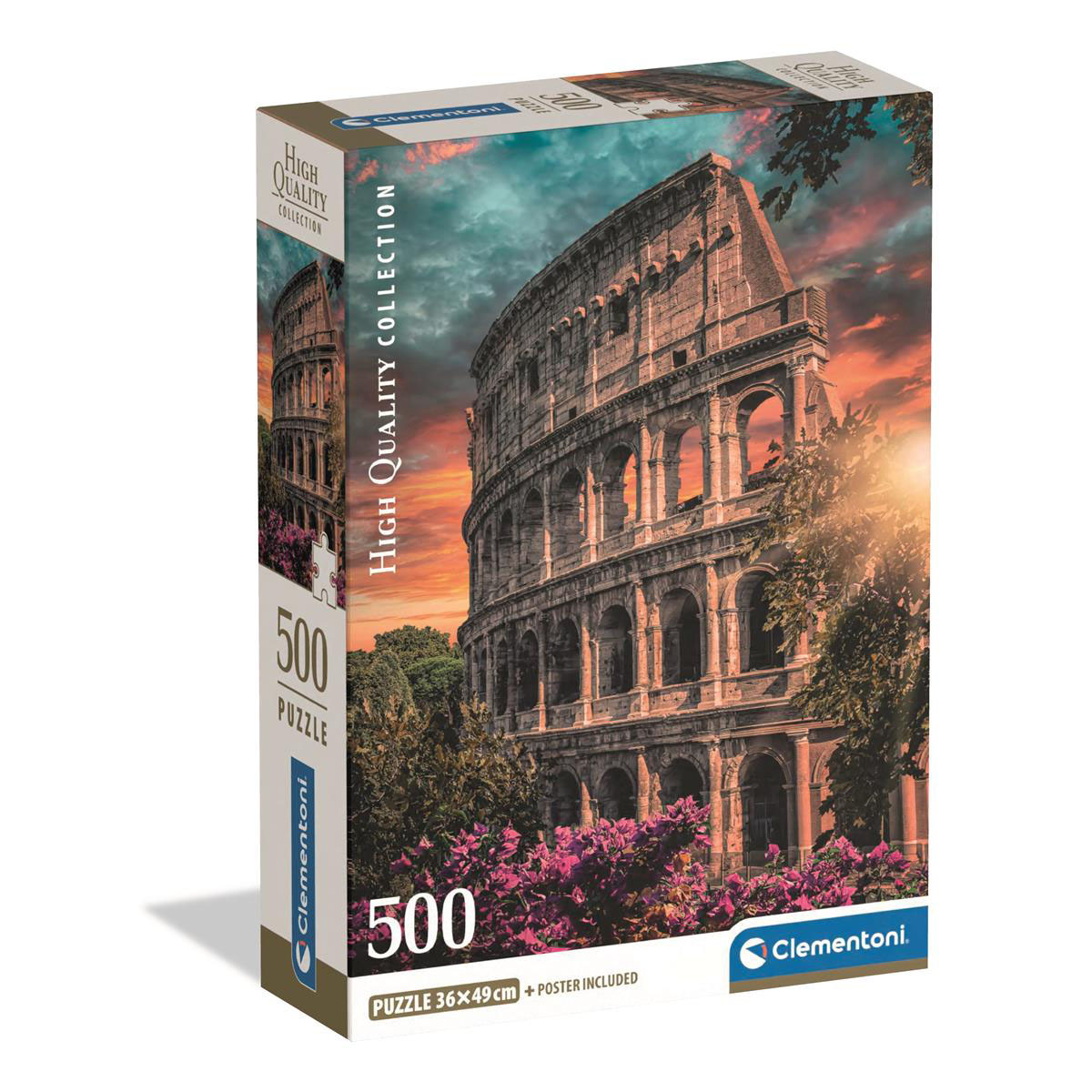 Puzzle doboz naplementekori Colosseummal és lila virágokkal az előtérben.
