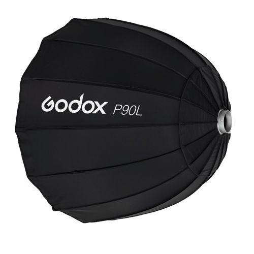 Schwarzer Godox P90L Softbox-Reflektor mit silbernem Ring und gerippter Außenseite.