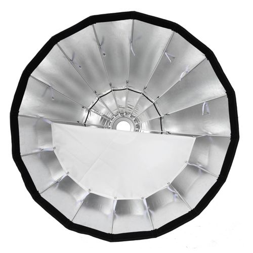 Ein silberner Studio-Softbox-Reflektor mit schwarzem Rand und weißem Diffusor.