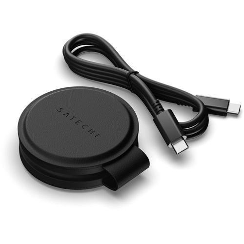 Schwarzer runder Satechi-Ladeadapter mit gefaltetem USB-C-Kabel.