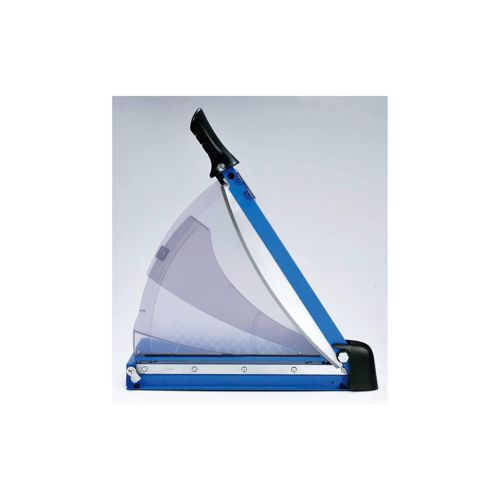 Ein blauer Papierschneider mit schwarzem Griff und transparentem Schutzschild.