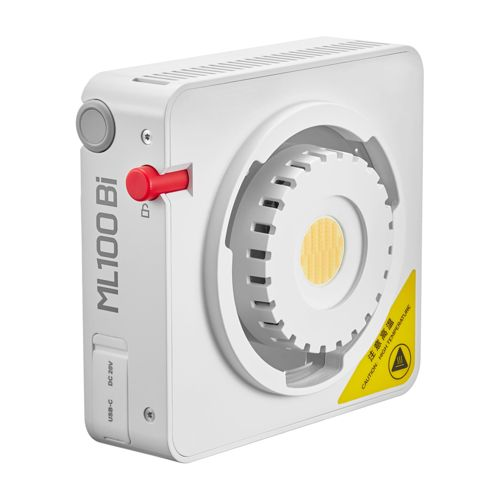Lampe portable blanche avec port USB-C, bouton rouge et avertissement jaune haute température.