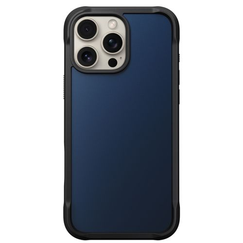Custodia blu scuro per telefono con cornice nera e obiettivo triplo.