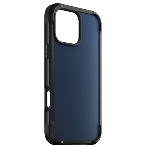 Custodia per telefono blu scuro con bordo nero, vista laterale.