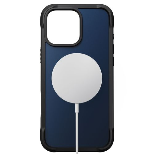 Custodia iPhone blu scuro con bordo nero e cavo di ricarica bianco.