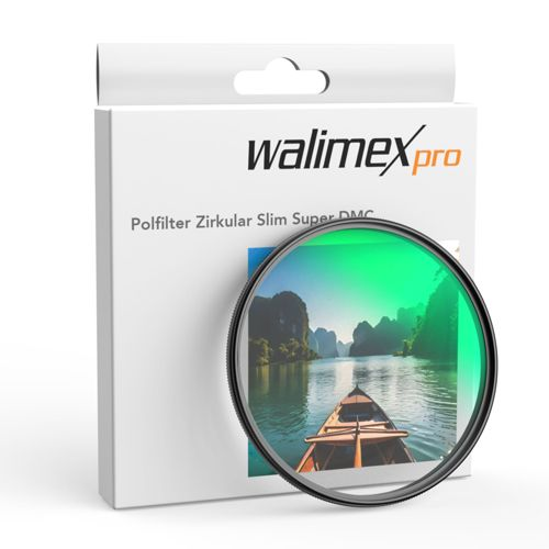 Ein WalimexPro Polfilter vor einer Packung mit einer Bootsfahrt auf dem Wasser.