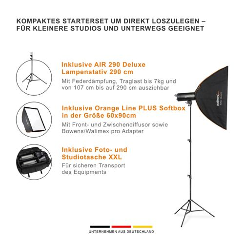 Studio-Starterset mit Lampe, Softbox, Tasche. Kompakt für unterwegs.