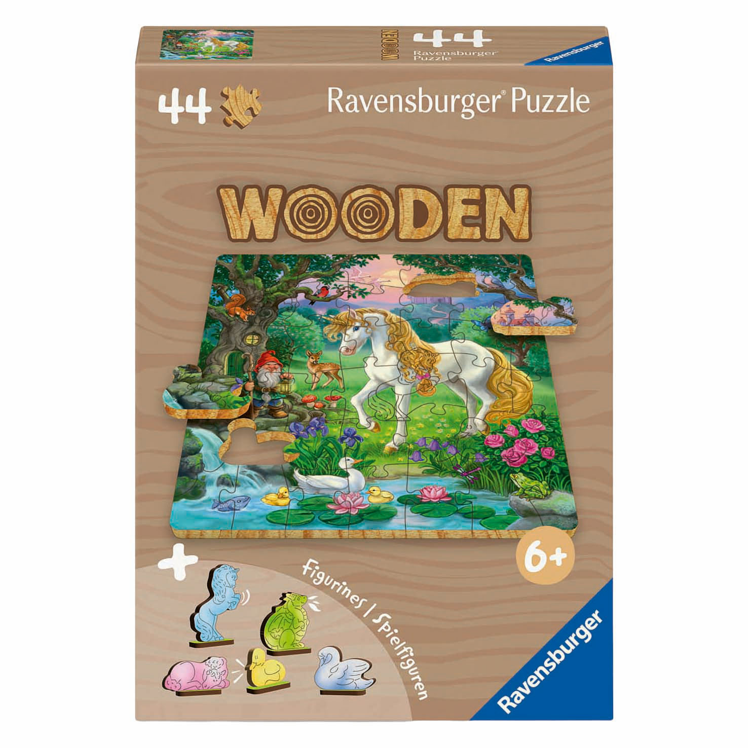 Scatola puzzle in legno Ravensburger con unicorno, gnomo, cervo, anatre e figurine. 6+ anni.