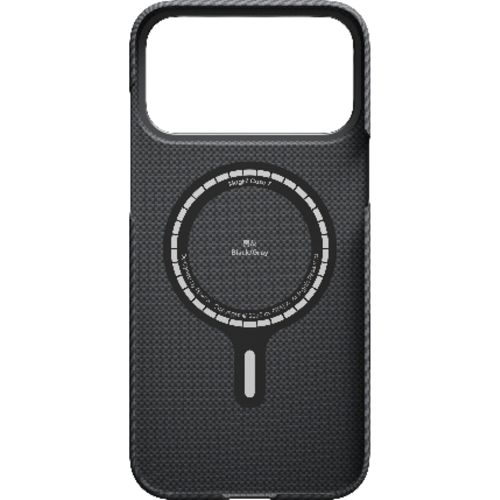 Funda de teléfono negra con círculo magnético y texto en el centro.