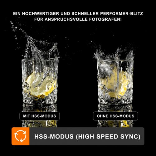 Zwei Gläser mit Zitronenscheiben und Wasserspritzern. Eines beschriftet mit 'MIT HSS-MODUS', eines mit 'OHNE HSS-MODUS'.