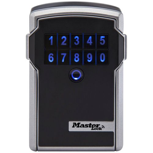 Silber- und schwarzer Master Lock mit beleuchteter blauer Tastatur und rundem Knopf.