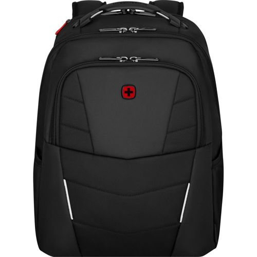 Uno zaino nero con logo svizzero rosso e cerniere argentate. Strisce riflettenti sul davanti.