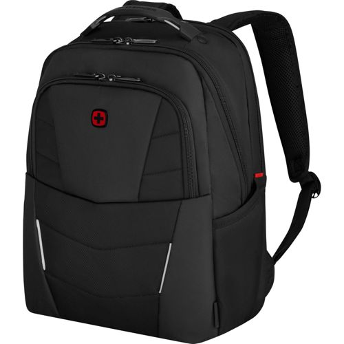 Zaino nero con logo a croce rossa e dettagli riflettenti.