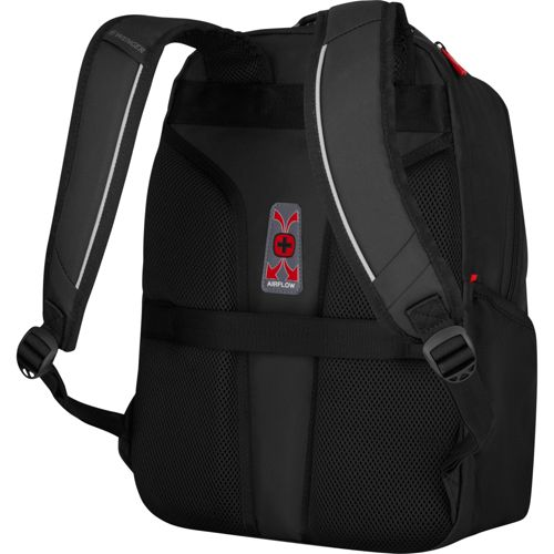 Vista posteriore zaino nero con spallacci imbottiti e logo airflow.