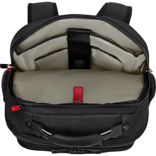 Zaino nero aperto con interno beige, mostra scomparti multipli e accenti rossi.