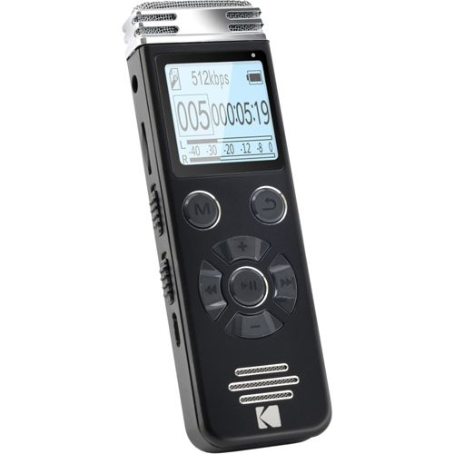Enregistreur numérique noir avec écran, boutons et microphone supérieur.