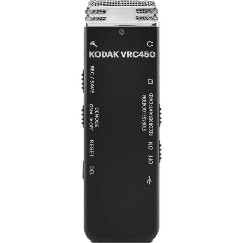 Enregistreur Kodak VRC450 noir avec microphone argenté en haut et commandes latérales.