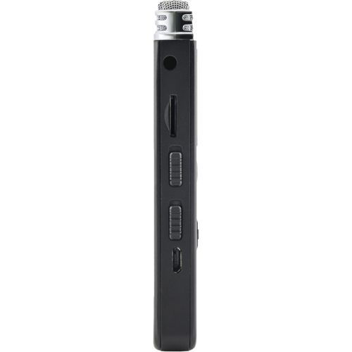 Enregistreur numérique noir avec microphone, emplacement carte SD et boutons.
